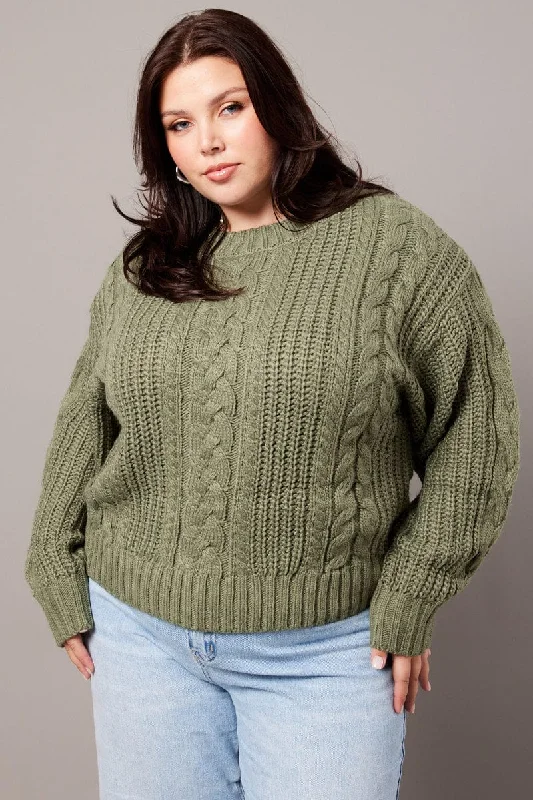 Women's Turkish Wool SweatersGreen Cable Knit Jumper Long Sleeve Round Neck