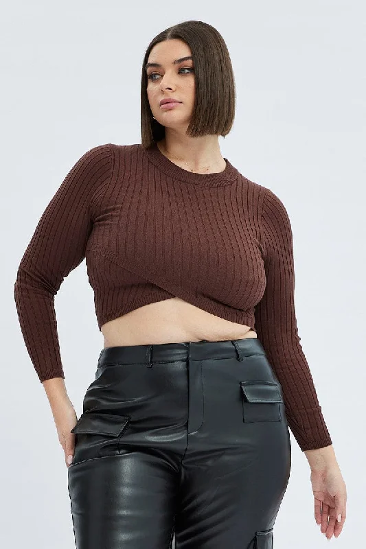 Women's Notched Collar SweatersBrown Knit Top Long Sleeve Crop