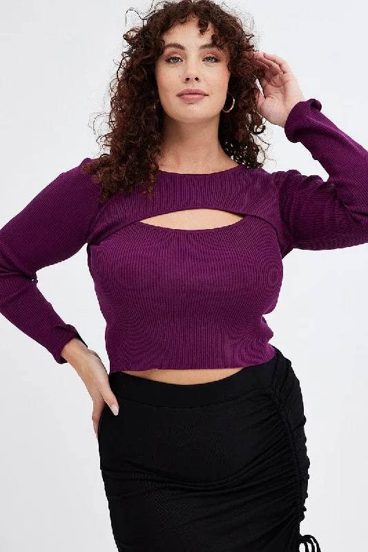 Women's Mandarin Collar SweatersPurple Knit Top Cut Out Long Sleeve