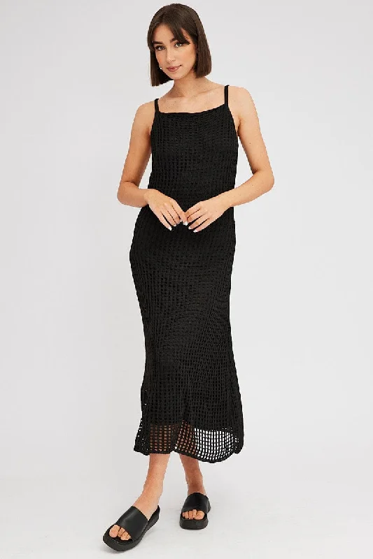 Women's Shirt Collar SweatersBlack Knit Dress Sleeveless Maxi Crochet