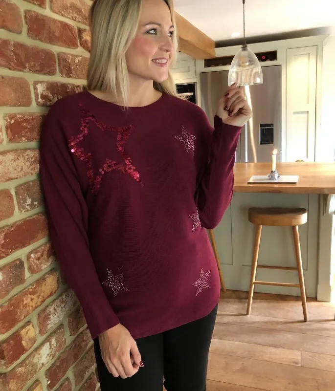 Women's Bulgarian Wool SweatersBurgundy Embellished Star Jumper