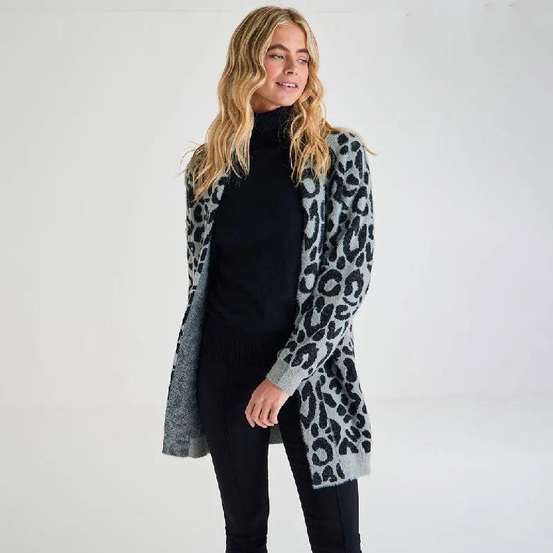 Women's Crop SweatersLadies Grey Leopard Cardigan