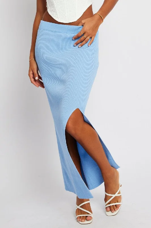 Women's Acrylic SweatersBlue Knit Skirt Front Split High Rise