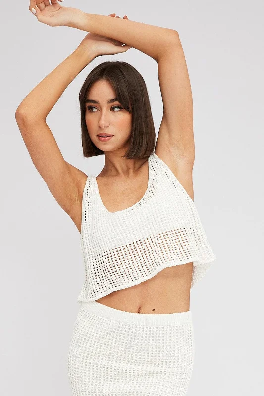 Women's Wide Collar SweatersWhite Crochet Knit Top Scoop Neck