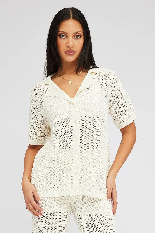 Women's Button-Up CardigansWhite Collar Knit Top Short Sleeve