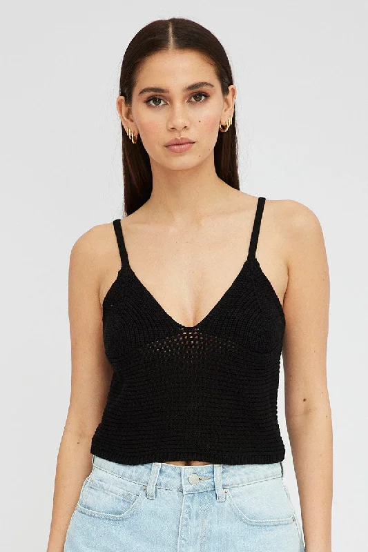 Women's Fitted SweatersBlack Crochet Singlet Top V Neck