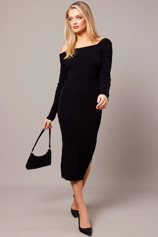 Women's U-Shaped Collar SweatersBlack Knit Dress Long Sleeve