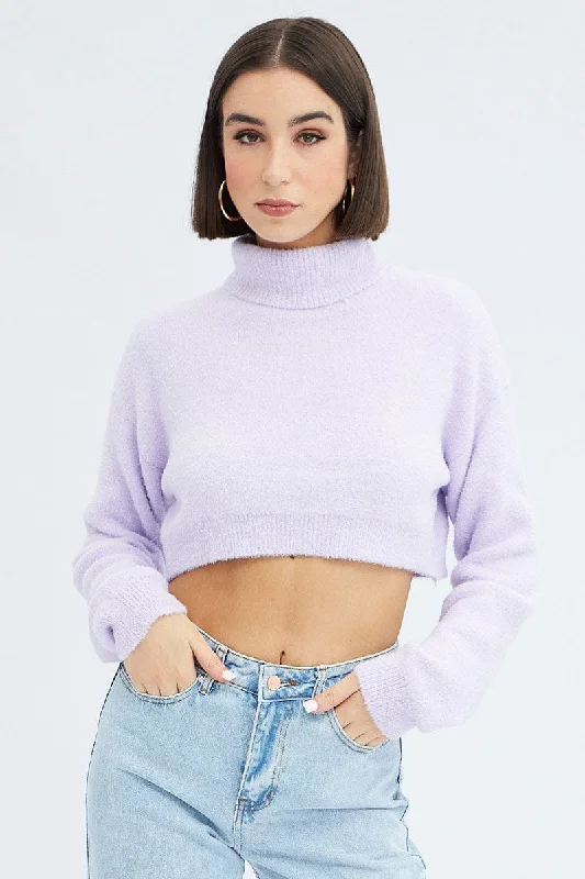 Women's Mohair SweatersPurple Knit Jumper Turtle Neck Crop