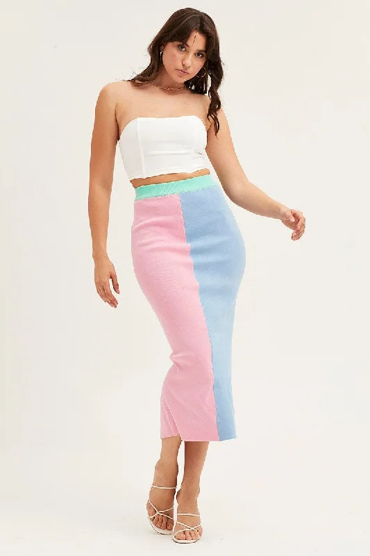 Women's Narrow Collar SweatersMulti Color Block Knit Midi Skirt