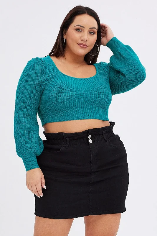 Women's Boat Neck SweatersGreen Knit Top Square Neck Long Sleeve Crop