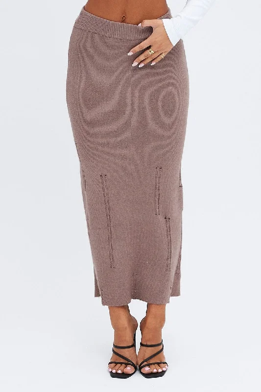 Women's Hungarian Wool SweatersBrown Midi Skirt High Waisted A-line Ladder Knit