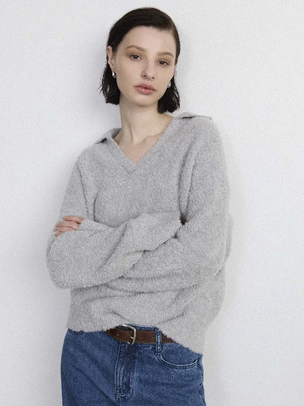 Women's Shirred SweatersThe Fuzzy Johnny Collar Sweater  in Light Grey