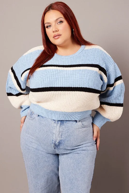 Women's Sleeveless SweatersBlue Stripe Knit Jumper Long Sleeve Round Neck