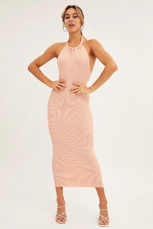 Women's Shawl Collar SweatersPink Halter Dress Midi Knit Bodycon