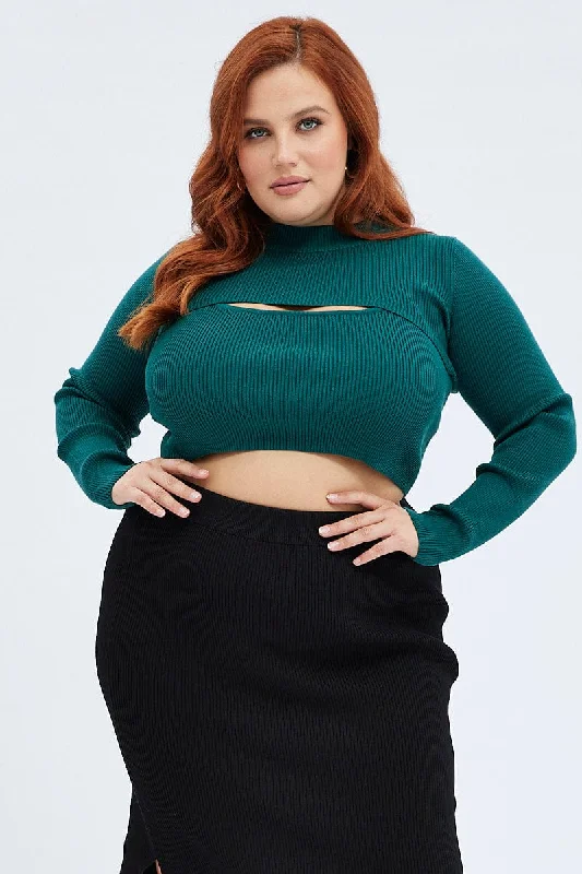 Women's U-Shaped Collar SweatersGreen Knitted Cami Top And High Neck Shrug Set