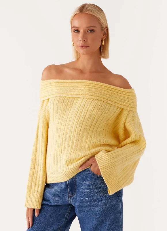 Women's Lapel Collar SweatersFederica Off Shoulder Knit - Lemon