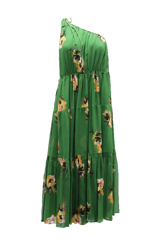 Women's V-Neck DressesA.L.C. Tenley Flroal One Shoulder Dress in Green Silk