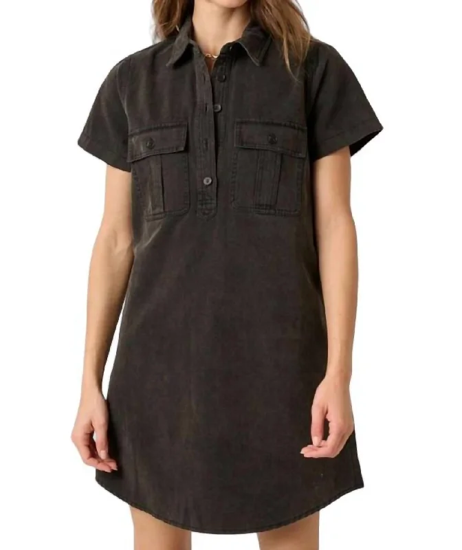 Women's Narrow Collar DressesAcid Wash Shirt Dress In Black