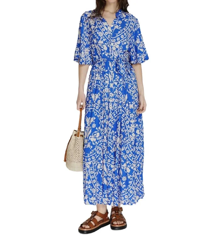 Women's Low Collar DressesBelted Printed Long Dress In Blue