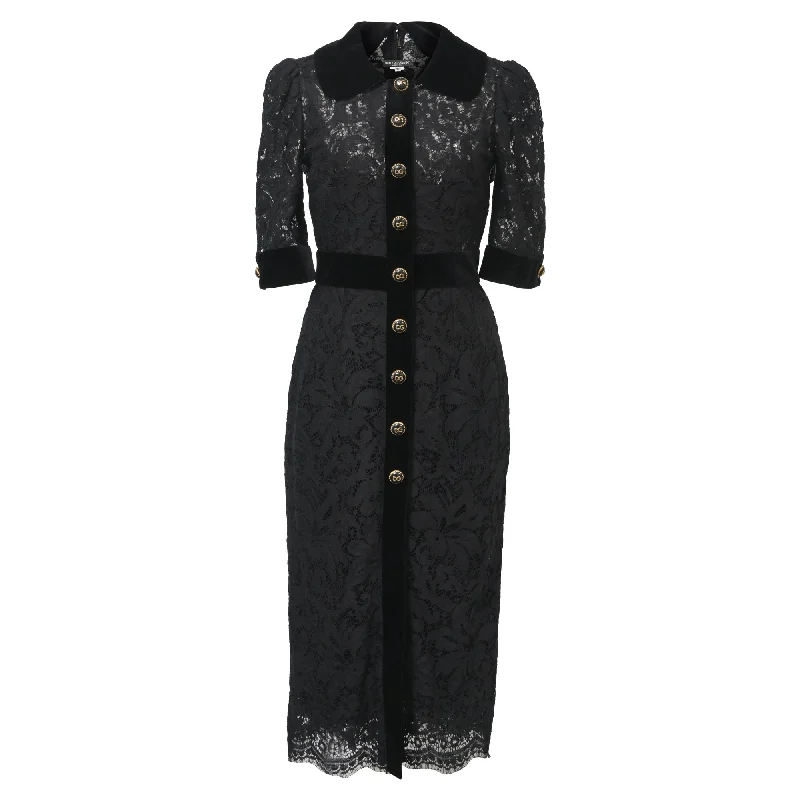 Women's Cap-Sleeve DressesDolce & Gabbana Velvet Trim Lace Bejeweled DG Buttons Dress in Black Cotton