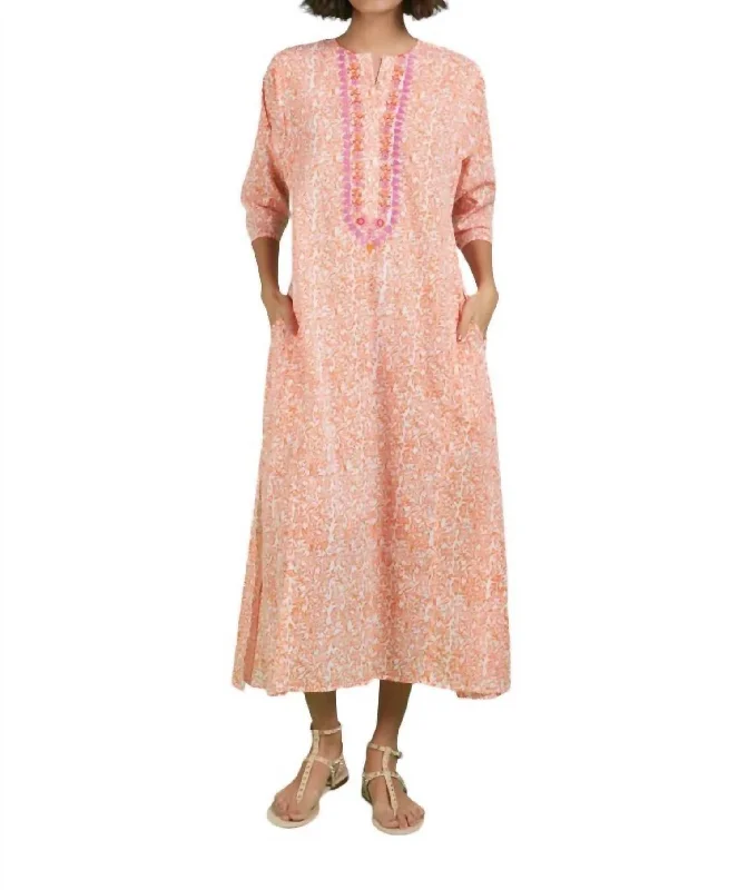 Women's Square-Neck DressesEmbroidered Long Kurta Dress In Orange