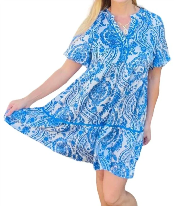 Women's Mandarin-Neck DressesFaux Button Dress In Sapphire Paisley