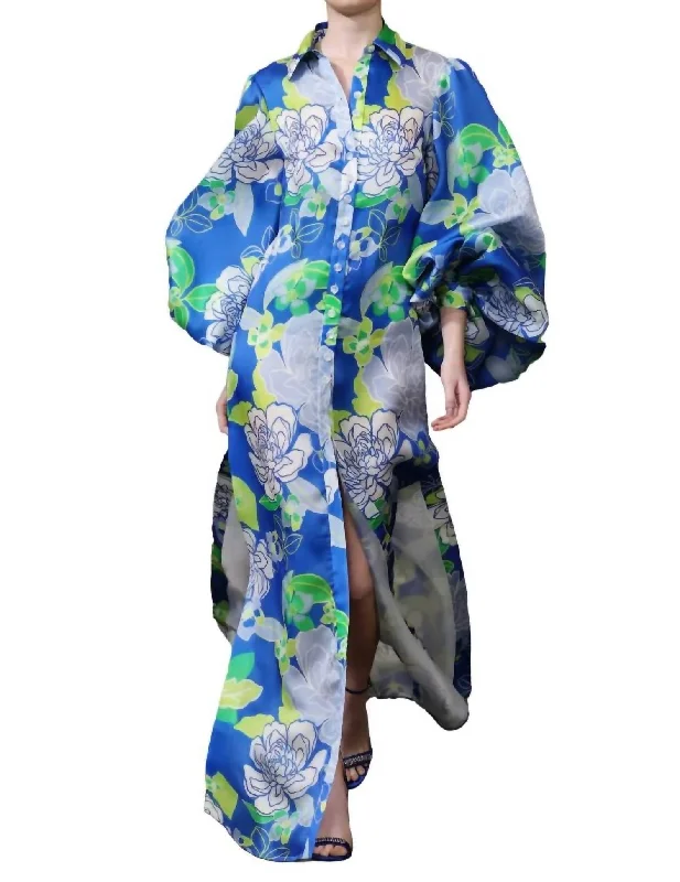 Women's Collarless DressesFloral Shirtdress With Sleeves In Blue Bloom