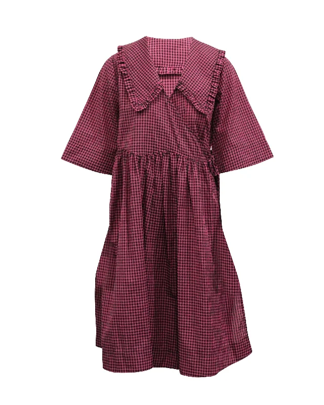 Women's Lapel Collar DressesGanni Check Print A-line Dress in Pink Cotton