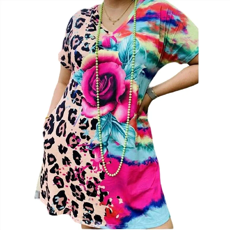 Women's Asymmetrical DressesLeopard And Tie Dye Floral Dress In Pink Multi