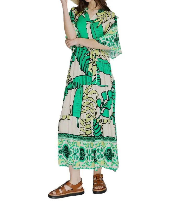 Women's V-Back DressesLong Printed Border Dress In Green