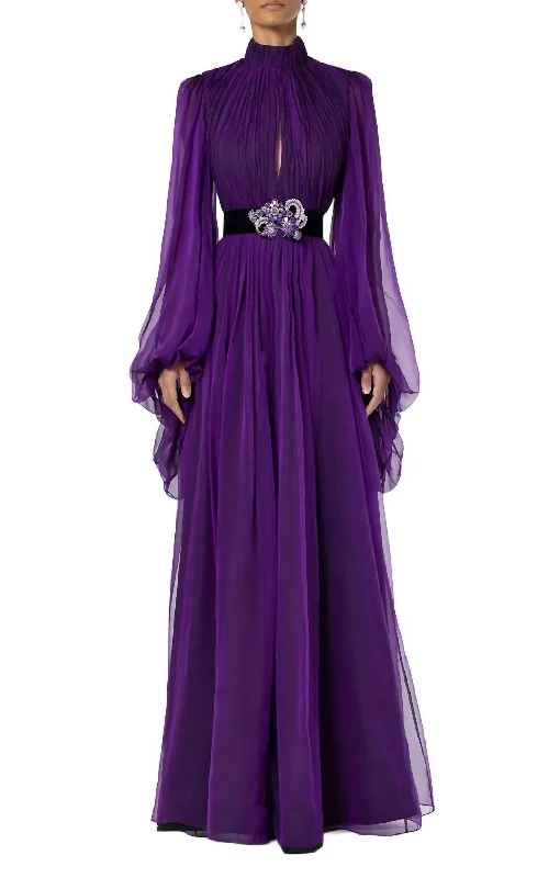 Women's Cap-Sleeve DressesLong Sleeve Chiffon High Neck Gown In Purple