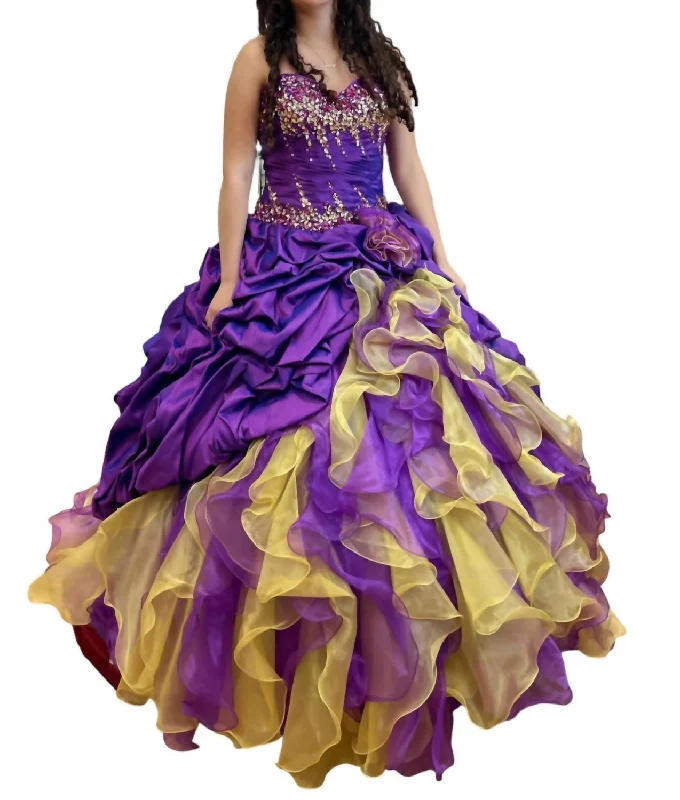 Women's Square Collar DressesQuinceañera Off Shoulder Ruffle Dress In Purple/gold