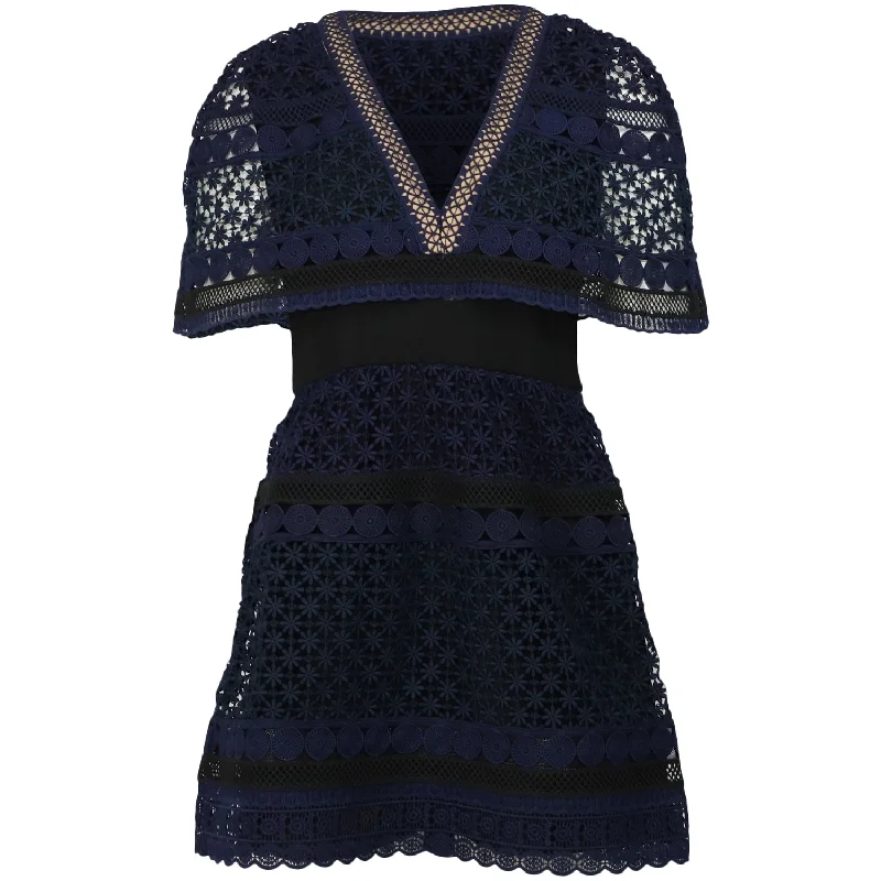 Women's Flared DressesSelf-Portrait Guipure Lace Cape Dress in Blue Polyester