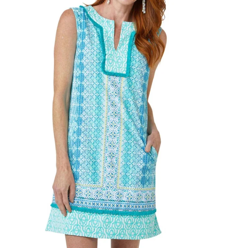 Women's Collarless DressesSleeveless Fringe Tunic Dress In Coastal Cottage