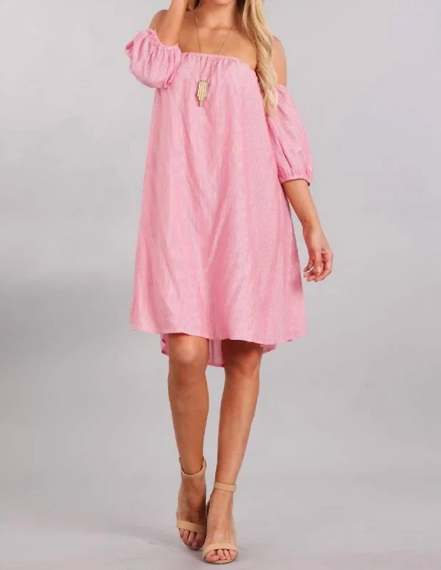 Women's Lapel Collar DressesStripe Off The Shoulder Dress In Pink