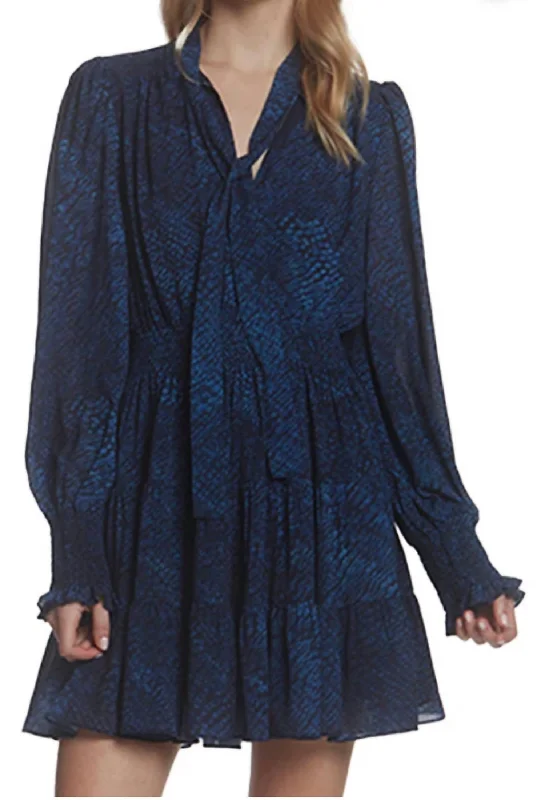 Women's Boat-Neck DressesTied Neck Long Sleeve Dress In Indigo