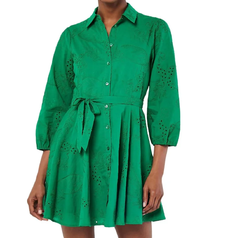 Women's Shirt Collar DressesTropical Embroidery Swing Long Sleeve Dress In Green