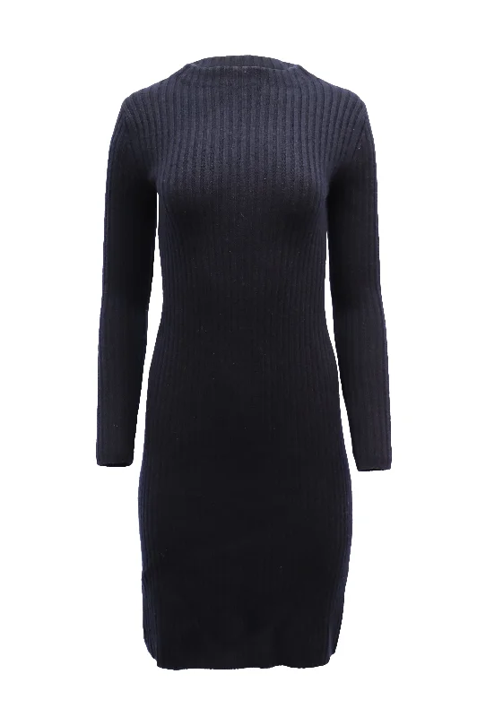 Women's Keyhole-Neck DressesVince Ribbed-Knit Long Sleeve Dress in Navy Blue Wool