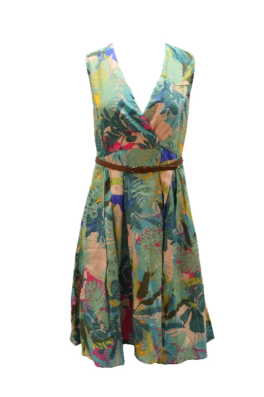 Women's Strapless DressesWeekend Max Mara Belted Dress in Leaf Green Print Silk Cotton