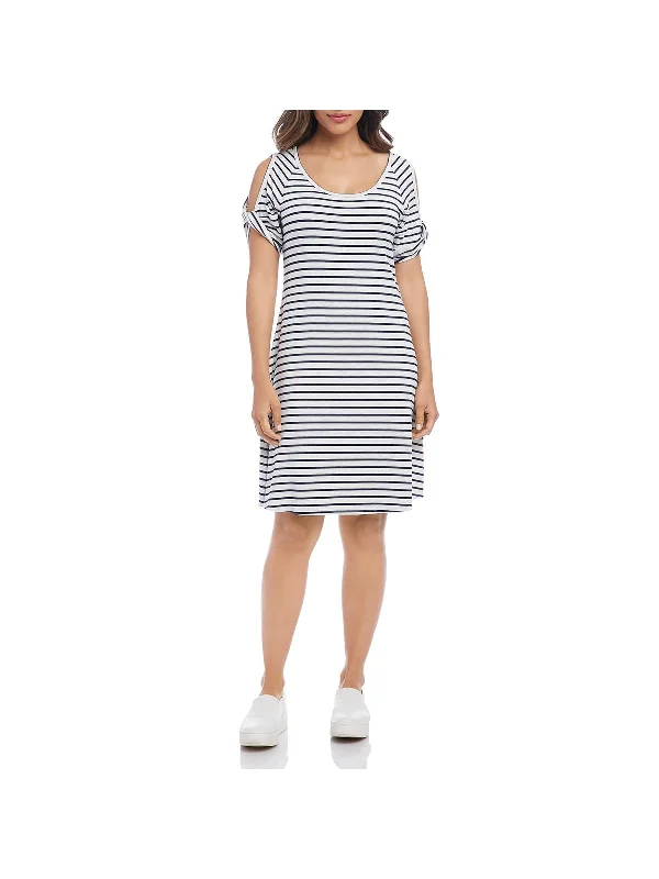 Women's Peter Pan Collar DressesWomens Cold Shoulder Striped T-Shirt Dress