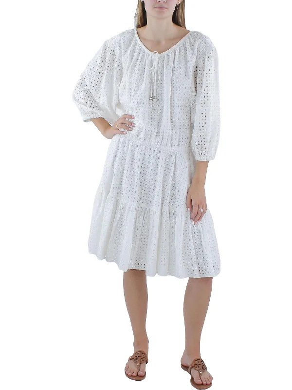 Women's Shawl Collar DressesWomens Embroidered Smocked Tunic Dress